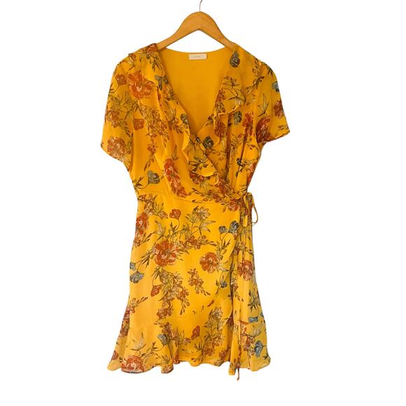 Lush Floral Ruffles Short Sleeve Wrap Dress Size XL Yellow Multi - Picture 2 of 8